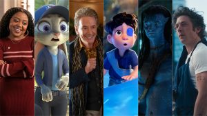 From left to right, scenes from Abbott Elementary, Zootopia 2, Only Murders in the Building, Elio, Avatar: Fire and Ash, and The Bear