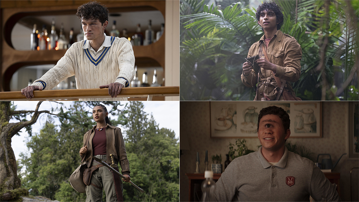 A collage of photos from Percy Jackson and the Olympians Season 2. Clockwise from left, Luke Castellan, played by Charlie Bushnell, Grover Underwood, played by Aryan Simhadri, Clarisse La Rue, played by Dior Goodjohn, and Tyson, played by Daniel Diemer.