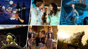 A collage of six images. Top left: an illustration of Darkwing Duck swinging on a rope at night across a city skyline. Top center: Troy & Gabriella from High School Musical singing into microphones at a lively party decorated with blue and white balloons. Top right: Milo Thatch wearing glasses and a satchel looking surprised aboard a large underwater vessel. Bottom left: Kermit the Frog dressed as a pirate at the wheel of a ship. Bottom center: Mia Thermopolis seated, while two stylists hold up before-and-after photos of her makeover. Bottom right: a warm, golden-hour view of Grizzly River Rapids at Disney California Adventure.