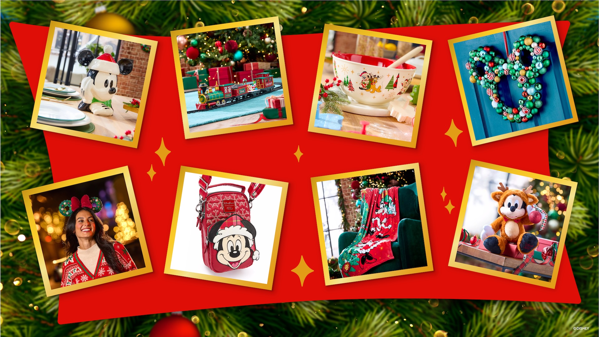 Collage of festive Disney holiday merchandise displayed on a red background, including a Mickey Mouse cookie jar, a holiday train set, a mixing bowl with Mickey and friends, a Mickey-shaped ornament wreath, holiday Mickey ears worn by a smiling woman, a red Mickey Christmas crossbody bag, a cozy holiday throw blanket, and a plush Mickey dressed as a reindeer.