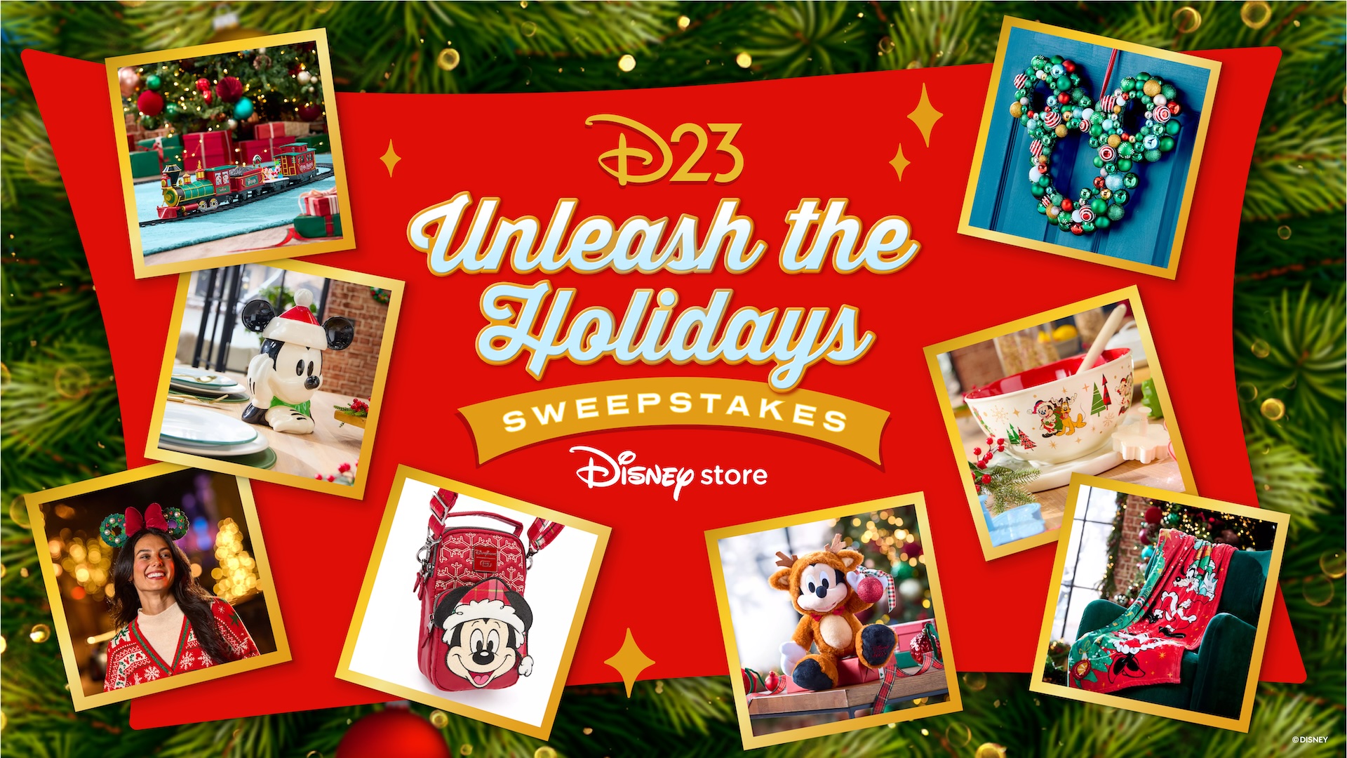 Collage of festive Disney holiday merchandise displayed on a red background, including a Mickey Mouse cookie jar, a holiday train set, a mixing bowl with Mickey and friends, a Mickey-shaped ornament wreath, holiday Mickey ears worn by a smiling woman, a red Mickey Christmas crossbody bag, a cozy holiday throw blanket, and a plush Mickey dressed as a reindeer.
