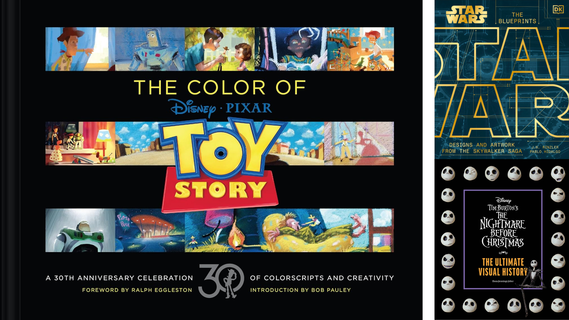 Images of the covers of Disney/Pixar The Color of Toy Story: A 30th Anniversary Celebration of Colorscripts and Creativity; Star Wars: The Blueprints; and Disney Tim Burton&rsquo;s Nightmare Before Christmas The Ultimate Visual History.