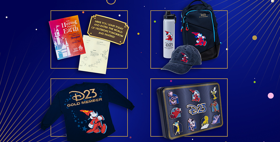 An image of the 2025 D23 Gold Membership Premium Items: clockwise, the replica of the Disneyland Park Entrance plaque and The Happiest Place on Earth book; the D23 Gold Member Fan Pack; the collectible D23 Gold Member Pin Box Set; and the D23 Gold Member Spirit Jersey.