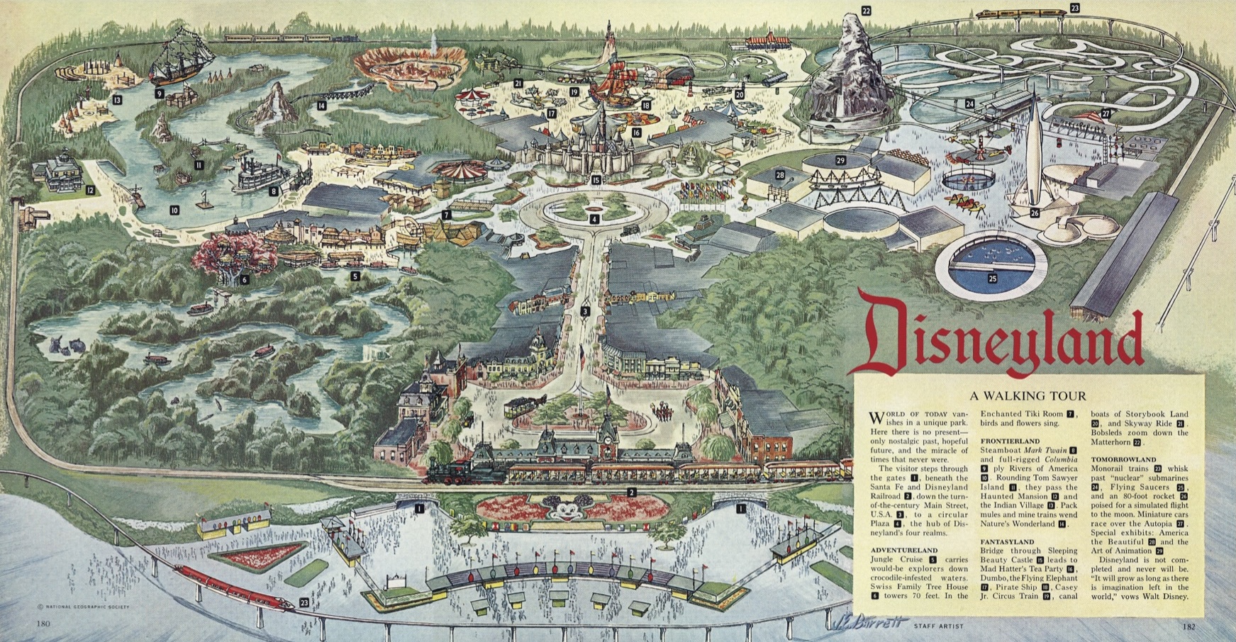 An excerpt from the reproduction of the 1963 National Geographic cover story “The Magic Worlds of Walt Disney,” available to D23 General and Gold Members if they purchase a subscription through the link on the D23 website. The image with the excerpt shows a map of Disneyland circa ’63, complete with a “walking tour” explanation in the lower right.