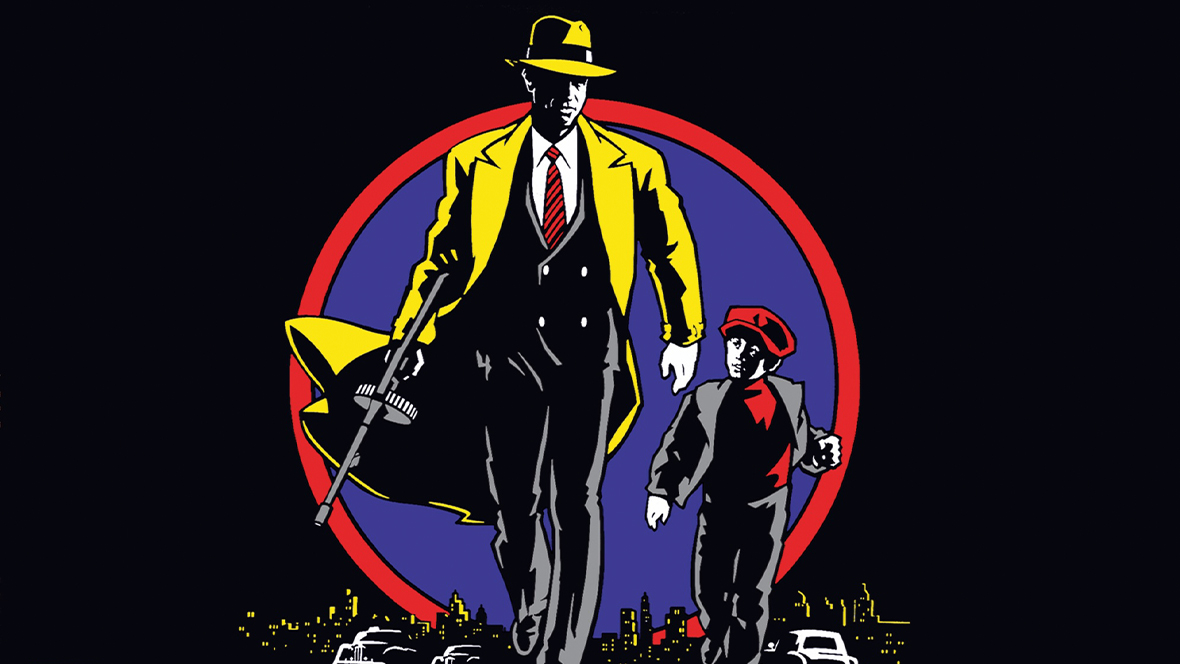 A promotional image for 1990’s Dick Tracy. The characters of Dick Tracy and “the Kid” are seen in colorful comic book-style at center.