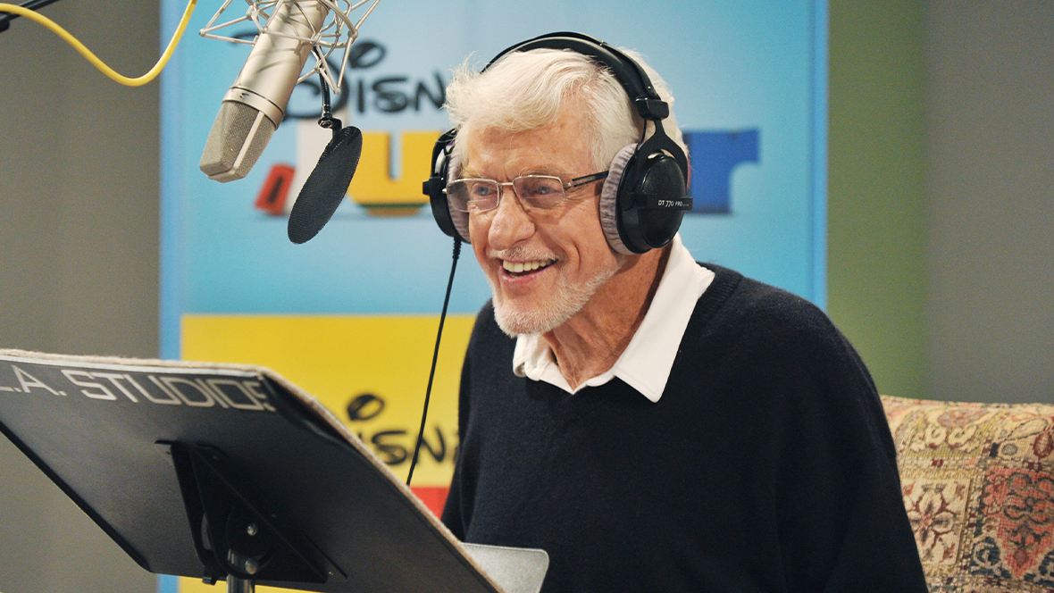 An image of Disney Legend Dick Van Dyke, with headphones on, as he is recording the voice of Captain Goof-Beard for Disney Junior’s Mickey Mouse Clubhouse in 2014.