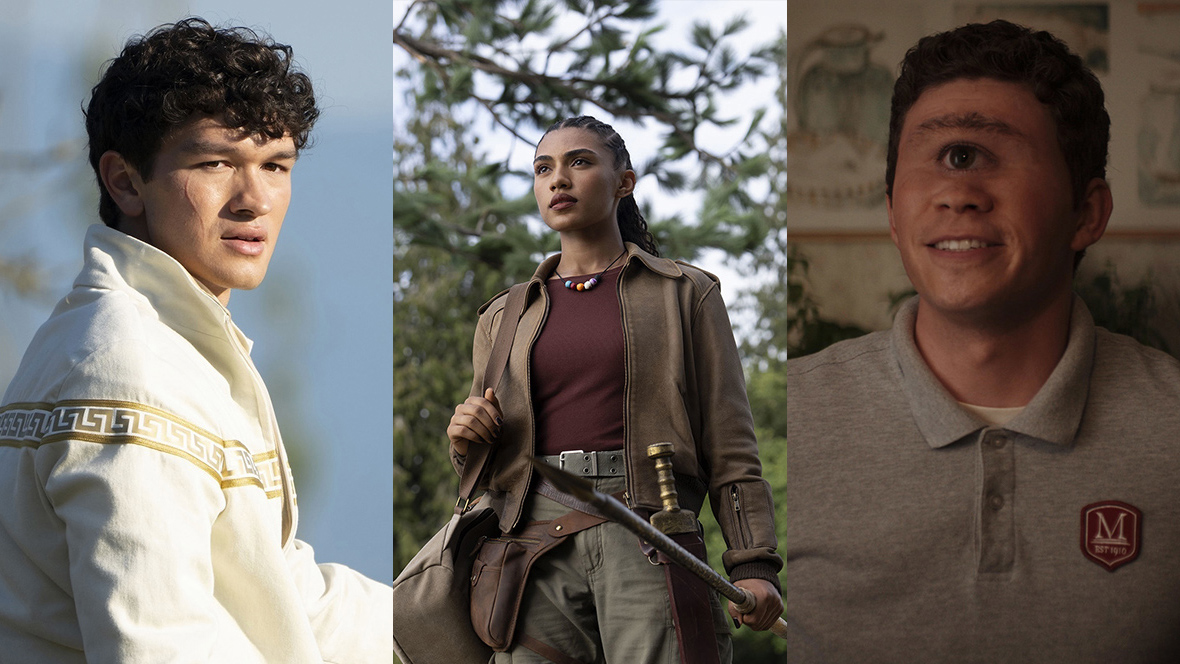 A triptych image of the three stars of Disney+’s Percy Jackson and the Olympians: Charlie Bushnell as Luke, Dior Goodjohn as Clarisse, and Daniel Diemer as Tyson. Luke is wearing a white jacket and standing outside; Clarise is holding a spear and standing in a forest; and Tyson is sitting at a table in a dining room.