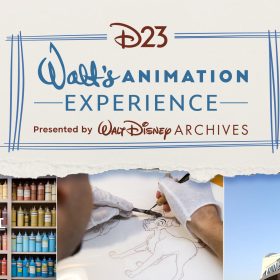 A promotional graphic for “D23 Walt’s Animation Experience Presented by Walt Disney Archives.” The design features a torn paper effect with the event title in blue and red text at the center. Below, three images are shown: on the left, shelves filled with colorful paint jars labeled “Ink & Paint”; in the middle, hands inking a classic Disney characterr; and on the right, the exterior of the Animation Building with the large blue sorcerer’s hat.
