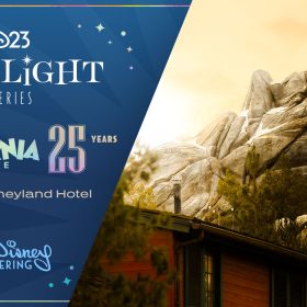 Promotional graphic for the D23 Spotlight Series event. On the left, against a blue background with decorative stars. white and pastel text reads: &ldquo;D23 Spotlight Series, Disney California Adventure 25 Years, Feb 7 | Disneyland Hotel,&rdquo; with the Walt Disney Imagineering logo at the bottom. On the right, a photo of the Grizzly Peak rock formation at Disney California Adventure is seen, surrounded by trees and under a yellow-orange sky.