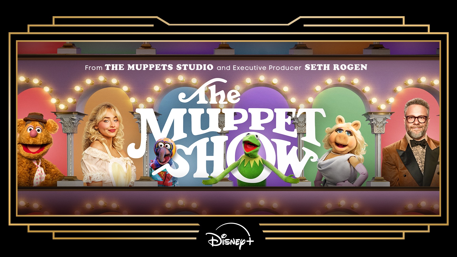 Promotional banner for The Muppet Show featuring Fozzie Bear, a blonde guest star, Gonzo, Kermit the Frog, Miss Piggy, and Seth Rogen framed within a colorful, marquee-style stage design, with The Muppet Show title centered and Disney+ branding below.