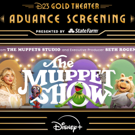 A promotional image of an Advance Screening of The Muppet Show for D23 Gold Theater Presented by StateFarm, featuring Fozzie Bear, Gonzo, Kermit, and Miss Piggy, along with Sabrina Carpenter and Seth Rogen.