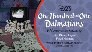 A graphic promoting an upcoming D23 event featuring a scene from One Hundred and One Dalmatians. On the left, several animated dalmatian puppies sit and lie on the floor watching a black-and-white television. On the right, against a purple background with subtle dalmatian spots, text reads: &ldquo;D23 One Hundred and One Dalmatians 65th Anniversary Screening with Disney Legend Floyd Norman.&rdquo; Additional text at the bottom reads &ldquo;Walt Disney World Resort&rdquo; and &ldquo;February 21.&rdquo;