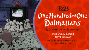 A graphic promoting an upcoming D23 event featuring a scene from One Hundred and One Dalmatians. On the left, several animated dalmatian puppies sit and lie on the floor watching a black-and-white television. On the right, against a red background with subtle dalmatian spots, text reads: &ldquo;D23 One Hundred and One Dalmatians 65th Anniversary Screening with Disney Legend Floyd Norman.&rdquo; Additional text at the bottom reads &ldquo;Walt Disney Studios Lot&rdquo; and &ldquo;February 28.&rdquo;