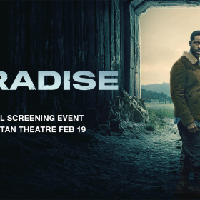 Promotional graphic for Hulu’s “Paradise” featuring a person standing in the entrance of a dark tunnel, looking out toward a bright, open landscape with mountains and a cloudy sky in the background. The text on the left reads: “hulu PARADISE” and below it, “Special Screening Event at the El Capitan Theatre Feb 19.”
