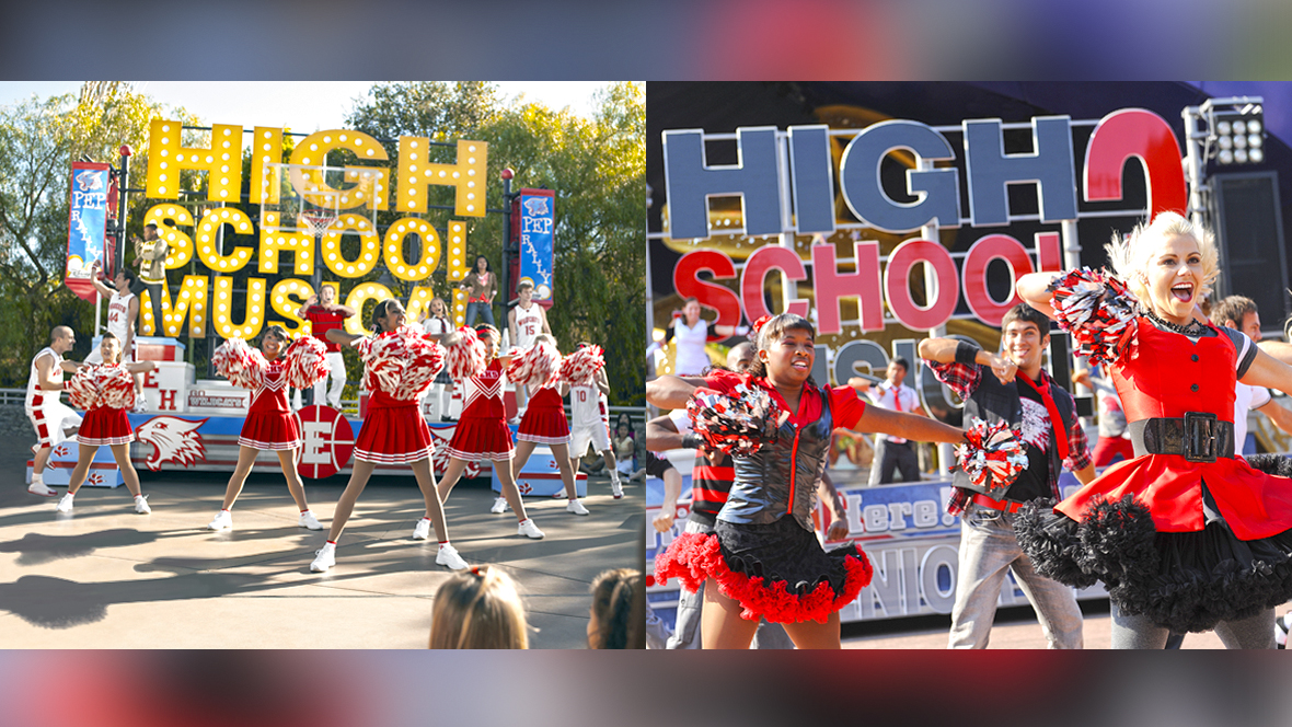 Dancers perform in front of the 100-foot-tall Sorcerer&rsquo;s Apprentice Mickey hat icon at Disney-MGM Studios (now Disney&rsquo;s Hollywood Studios) at Walt Disney World. The dancers are wearing various black, red, and white outfits and have pom-poms in their hands. They are in front of a float with the title High School Musical 3 in large text.