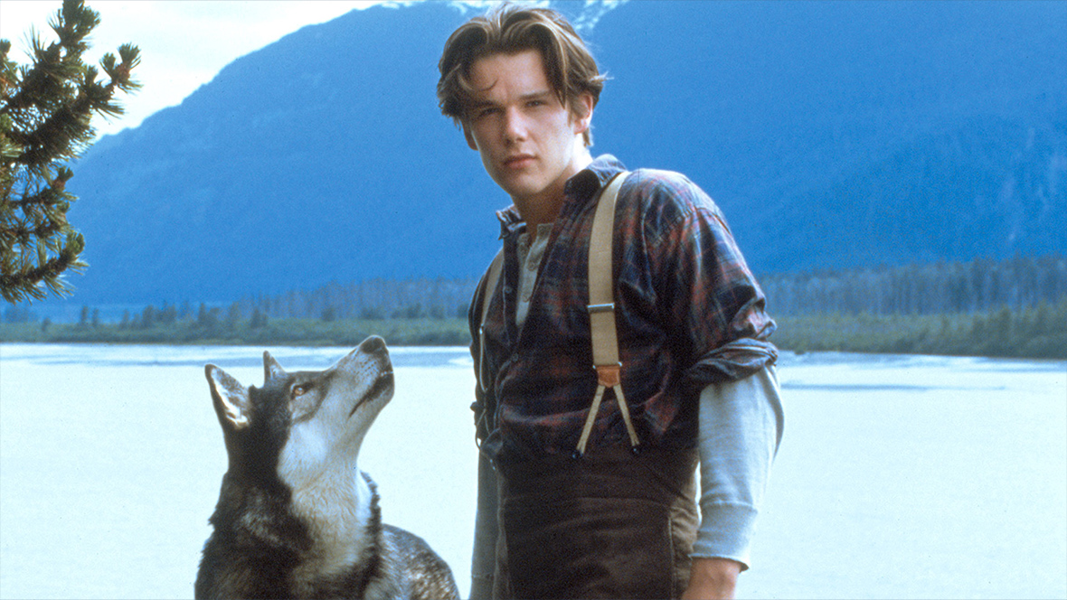 A still from the film White Fang, featuring Ethan Hawke as Jack Conroy standing in the wilderness next to his wolf-dog.