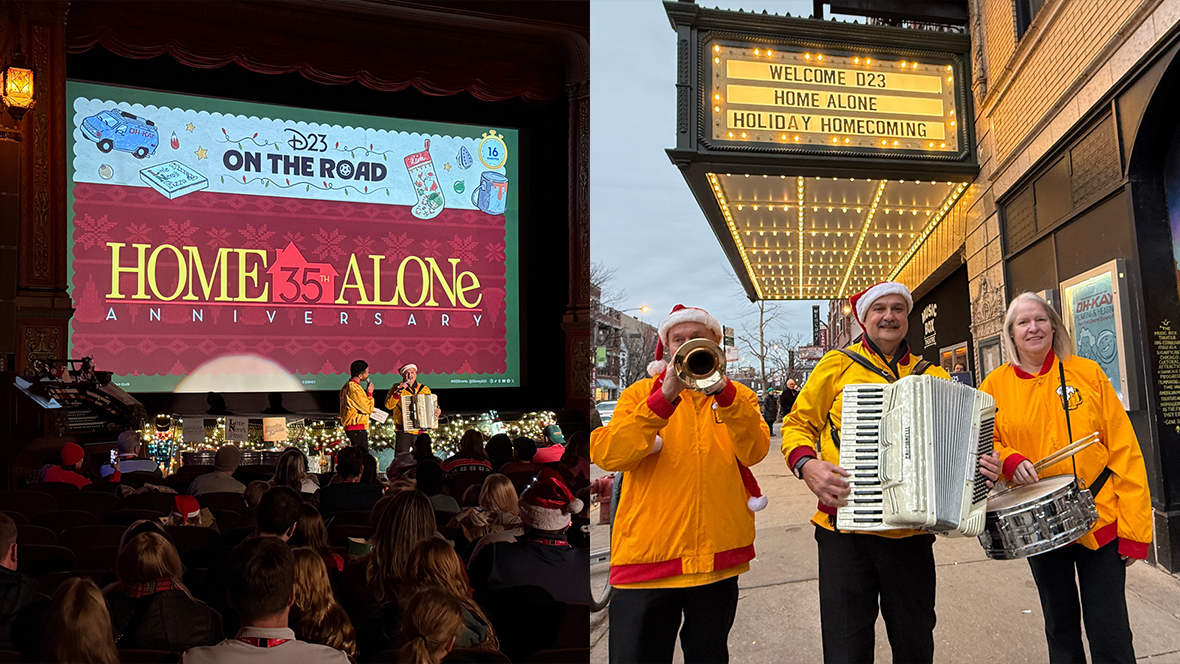 Side by side images from recent D23 events. At left, a picture of the theater during D23&rsquo;s Home Alone On the Road event in Chicago, IL. The overhead lights in the Music Box Theatre are dark, and the interior is lit by a large projected event logo, which features the D23 On the Road and Home Alone title logos indicating the 35th anniversary of the latter. Audiences look towards the front of the stage, where a host interviews a musician holding accordion player. At right, a trio of musicians pose in front of the marquee of the Music Box Theatre during D23&rsquo;s Home Alone On the Road event in Chicago, IL. The lit marquee reads &ldquo;Welcome D23 Home Alone Holiday Homecoming.&rdquo; The musicians wear Santa hats and yellow varsity jackets evoking the Kenosha Kickers from Home Alone.