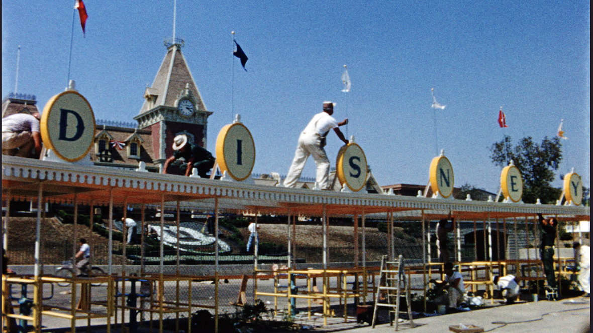A still from the new documentary Disneyland Handcrafted, showing the original front turnstiles of Disneyland Park being constructed.