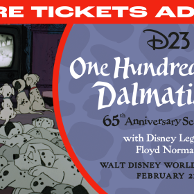 A graphic promoting an upcoming D23 event featuring a scene from One Hundred and One Dalmatians. On the left, several animated dalmatian puppies sit and lie on the floor watching a black-and-white television. On the right, against a purple background with subtle dalmatian spots, text reads: “D23 One Hundred and One Dalmatians 65th Anniversary Screening with Disney Legend Floyd Norman.” Additional text at the bottom reads “Walt Disney World Resort” and “February 21.” A banner at the top reads MORE TICKETS ADDED.