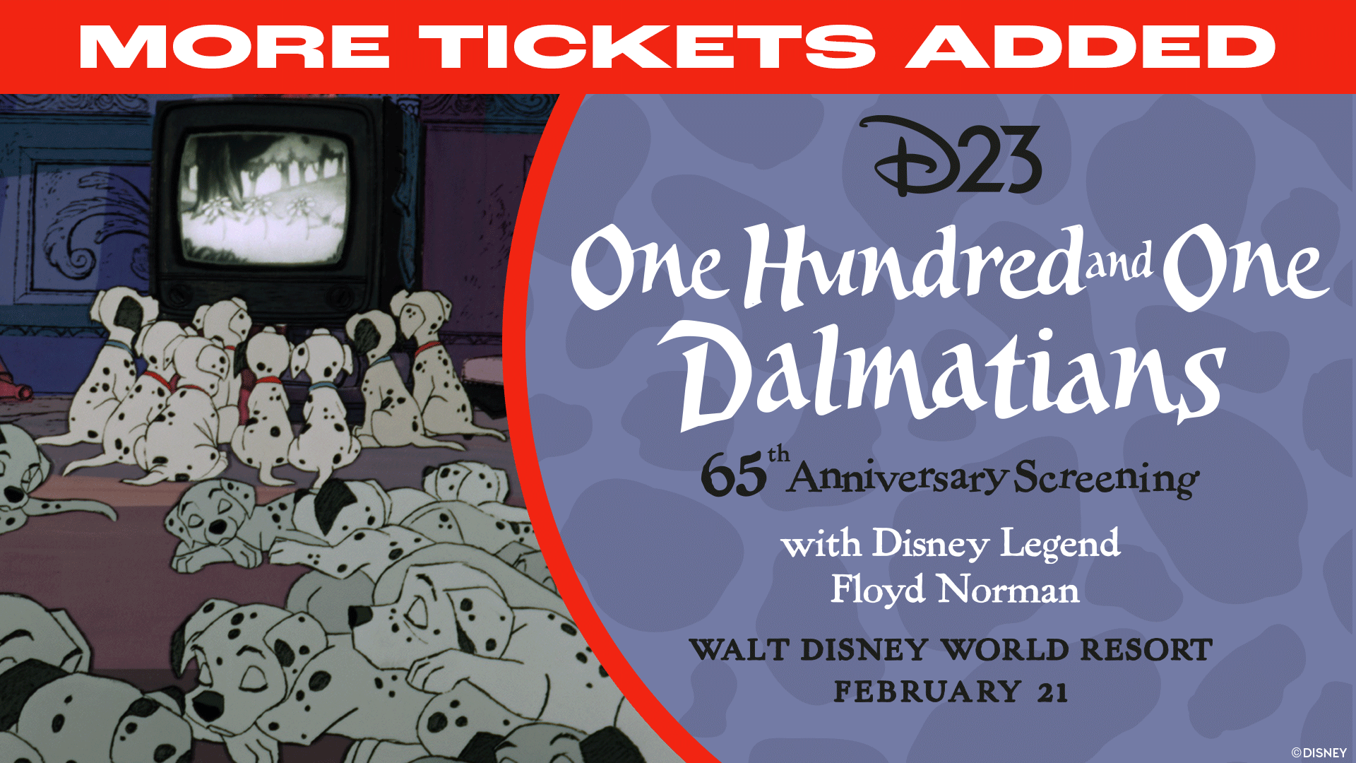 A graphic promoting an upcoming D23 event featuring a scene from One Hundred and One Dalmatians. On the left, several animated dalmatian puppies sit and lie on the floor watching a black-and-white television. On the right, against a purple background with subtle dalmatian spots, text reads: &ldquo;D23 One Hundred and One Dalmatians 65th Anniversary Screening with Disney Legend Floyd Norman.&rdquo; Additional text at the bottom reads &ldquo;Walt Disney World Resort&rdquo; and &ldquo;February 21.&rdquo; A banner at the top reads MORE TICKETS ADDED.