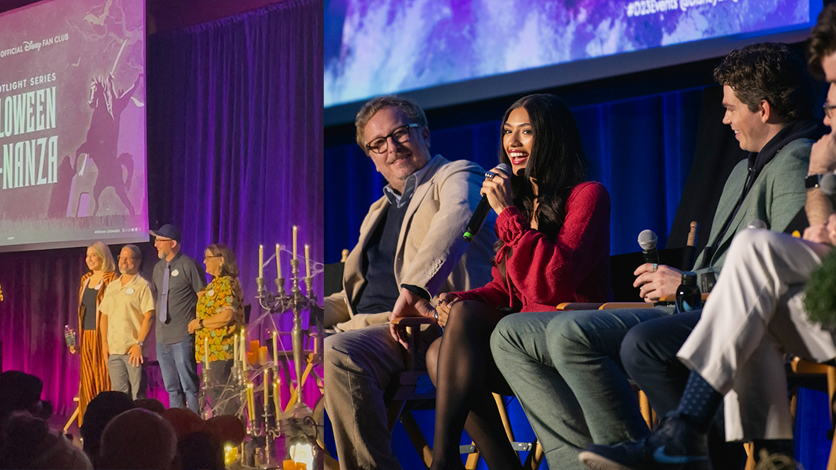 Side by side images from recent D23 events. At left, Spotlight Series speakers from D23&rsquo;s Halloween Boo-nanza event post onstage among Halloween decorations and a large event title image. Onstage from left to right, Imagineer Sarah Sterling, principal special effects designers Scott Thompson and Mason Lev, and Becky Cline from the Walt Disney Archives. Above is a projected image of the event title card, featuring the Hatbox Ghost and the Headless Horseman. At right, a photo of panelists from D23&rsquo;s Percy Jackson and the Olympians Spotlight Series event in Glendale, CA. From left to right, in black director&rsquo;s chairs, are Craig Silverstein, Dior Goodjohn, Daniel Diemer, James Bobin, and Liam Crowley. Highlighted is Goodjohn, who speaks into a microphone.