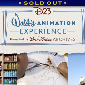 A promotional graphic for &ldquo;D23 Walt&rsquo;s Animation Experience Presented by Walt Disney Archives.&rdquo; The design features a torn paper effect with the event title in blue and red text at the center. Below, three images are shown: on the left, shelves filled with colorful paint jars labeled &ldquo;Ink & Paint&rdquo;; in the middle, hands inking a classic Disney characterr; and on the right, the exterior of the Animation Building with the large blue sorcerer&rsquo;s hat. A banner at the top reads SOLD OUT.