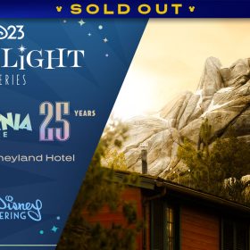 Promotional graphic for the D23 Spotlight Series event. On the left, against a blue background with decorative stars. white and pastel text reads: “D23 Spotlight Series, Disney California Adventure 25 Years, Feb 7 | Disneyland Hotel,” with the Walt Disney Imagineering logo at the bottom. On the right, a photo of the Grizzly Peak rock formation at Disney California Adventure is seen, surrounded by trees and under a yellow-orange sky. A banner at the top reads SOLD OUT.
