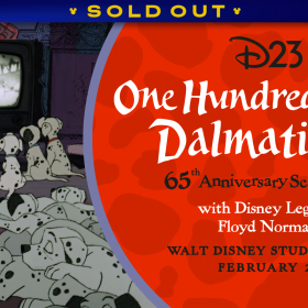 A graphic promoting an upcoming D23 event featuring a scene from One Hundred and One Dalmatians. On the left, several animated dalmatian puppies sit and lie on the floor watching a black-and-white television. On the right, against a red background with subtle dalmatian spots, text reads: “D23 One Hundred and One Dalmatians 65th Anniversary Screening with Disney Legend Floyd Norman.” Additional text at the bottom reads “Walt Disney Studios Lot” and “February 28.” A banner at the top reads SOLD OUT.