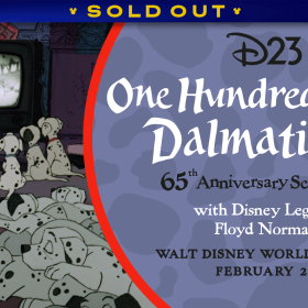 A graphic promoting an upcoming D23 event featuring a scene from One Hundred and One Dalmatians. On the left, several animated dalmatian puppies sit and lie on the floor watching a black-and-white television. On the right, against a purple background with subtle dalmatian spots, text reads: “D23 One Hundred and One Dalmatians 65th Anniversary Screening with Disney Legend Floyd Norman.” Additional text at the bottom reads “Walt Disney World Resort” and “February 21.” A banner at the top reads SOLD OUT.