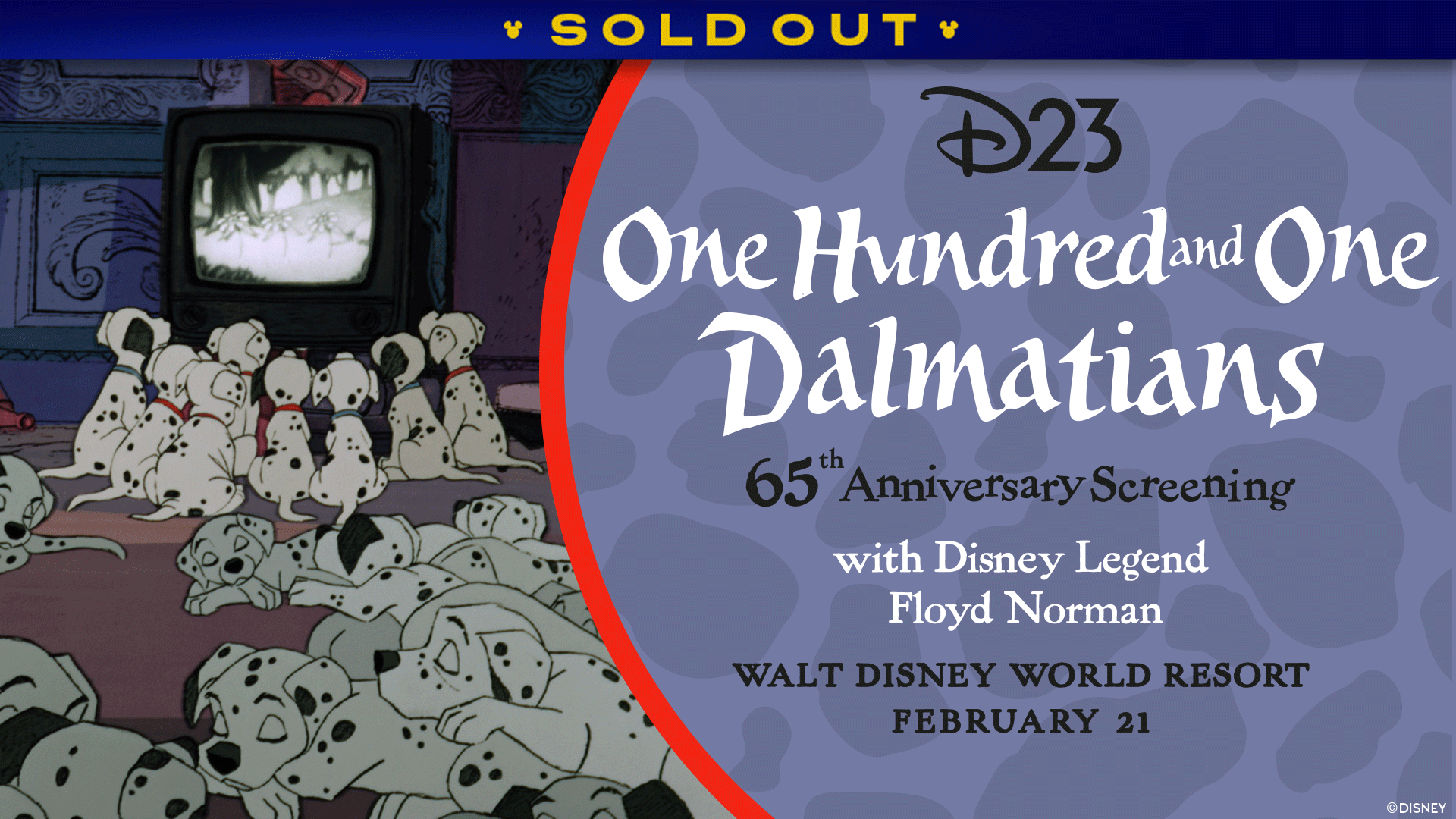 A graphic promoting an upcoming D23 event featuring a scene from One Hundred and One Dalmatians. On the left, several animated dalmatian puppies sit and lie on the floor watching a black-and-white television. On the right, against a purple background with subtle dalmatian spots, text reads: “D23 One Hundred and One Dalmatians 65th Anniversary Screening with Disney Legend Floyd Norman.” Additional text at the bottom reads “Walt Disney World Resort” and “February 21.” A banner at the top reads SOLD OUT.
