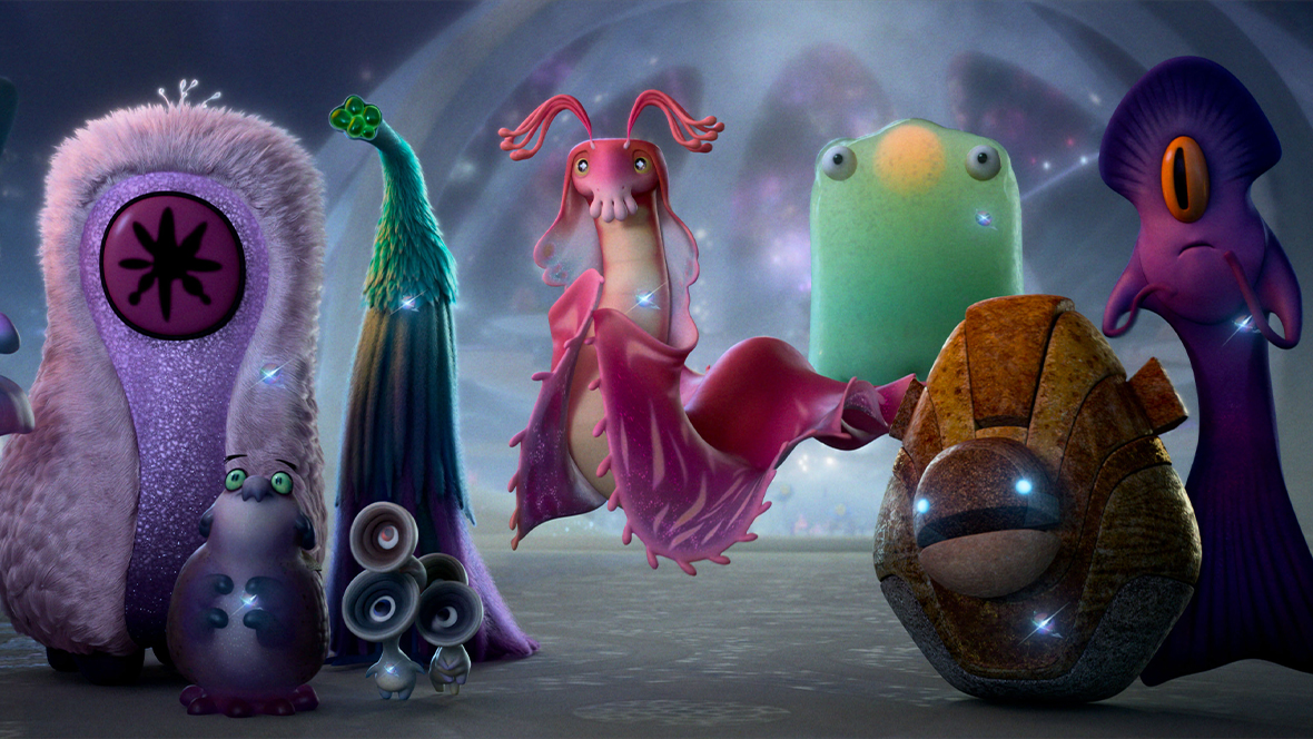 A vibrant lineup of unique, colorful alien creatures from Pixar's Elio stand together against a glowing, futuristic backdrop. The aliens vary wildly in shape and texture.
