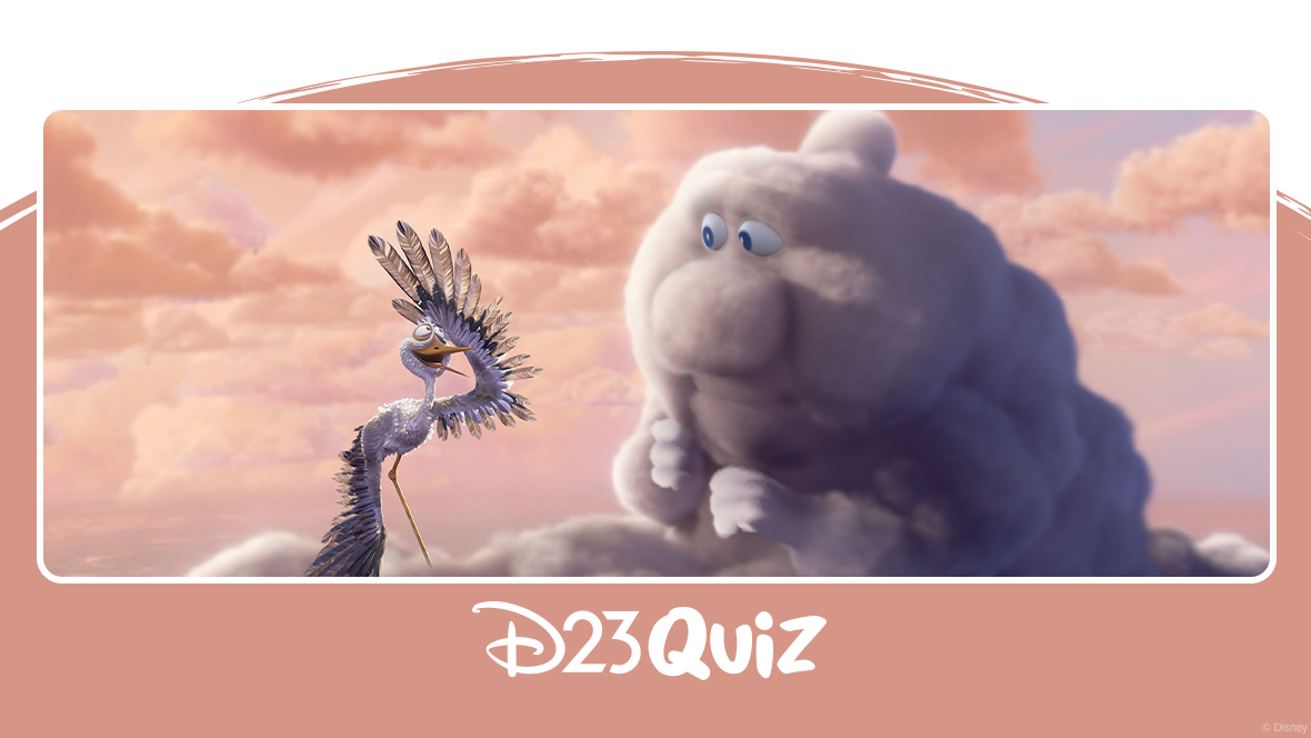 A frazzled looking stork stands on a gray storm cloud that has and anthropomorphic face and limbs. The stork looks exasperated and has one wing against his forehead. The cloud looks concerned as if waiting for news from the stork. Behind them is a pale blue sky dotted with pink sunset clouds.