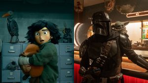 Side-by-side images from Disney and Pixar&rsquo;s Hoppers and Lucasfilm&rsquo;s Star Wars: The Mandalorian and Grogu. On the left, Mabel (voiced by Piper Curda) is seen holding a robotic beaver. On the right, the Mandalorian (Pedro Pascal) and Grogu are standing at a bar; there are bottles on a shelf behind them.