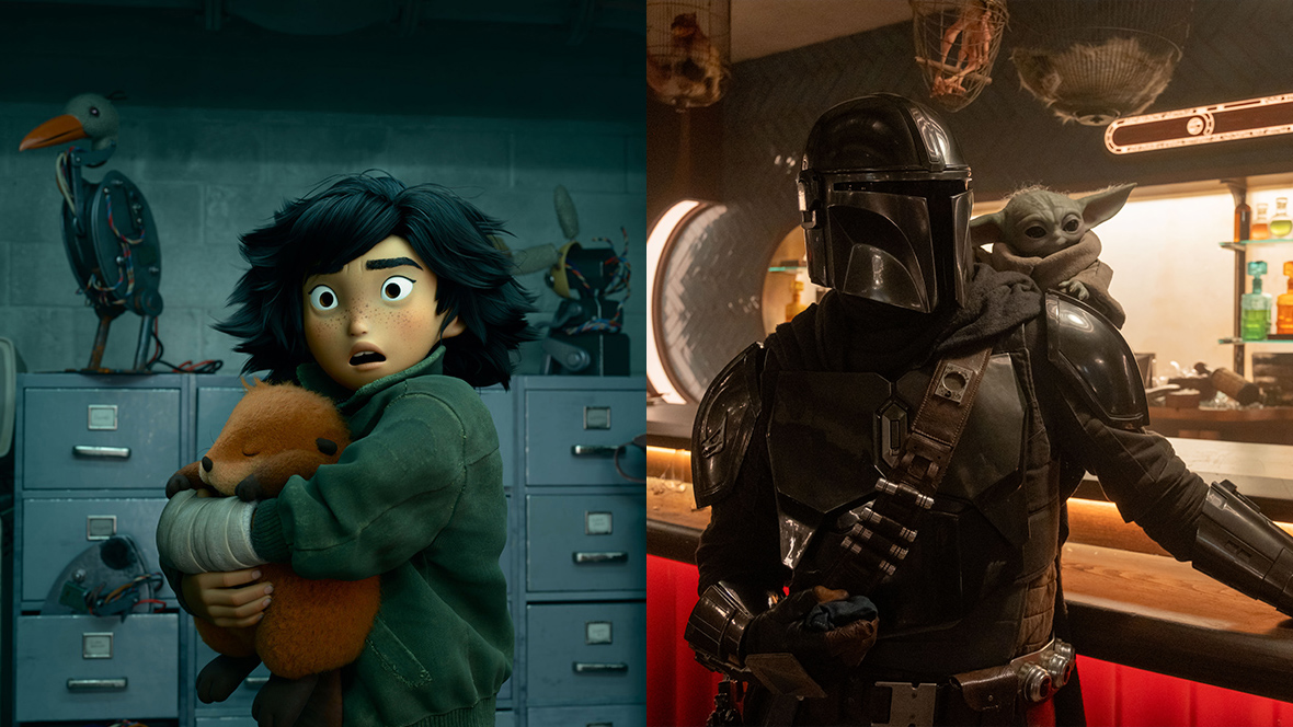 Side-by-side images from Disney and Pixar&rsquo;s Hoppers and Lucasfilm&rsquo;s Star Wars: The Mandalorian and Grogu. On the left, Mabel (voiced by Piper Curda) is seen holding a robotic beaver. On the right, the Mandalorian (Pedro Pascal) and Grogu are standing at a bar; there are bottles on a shelf behind them.