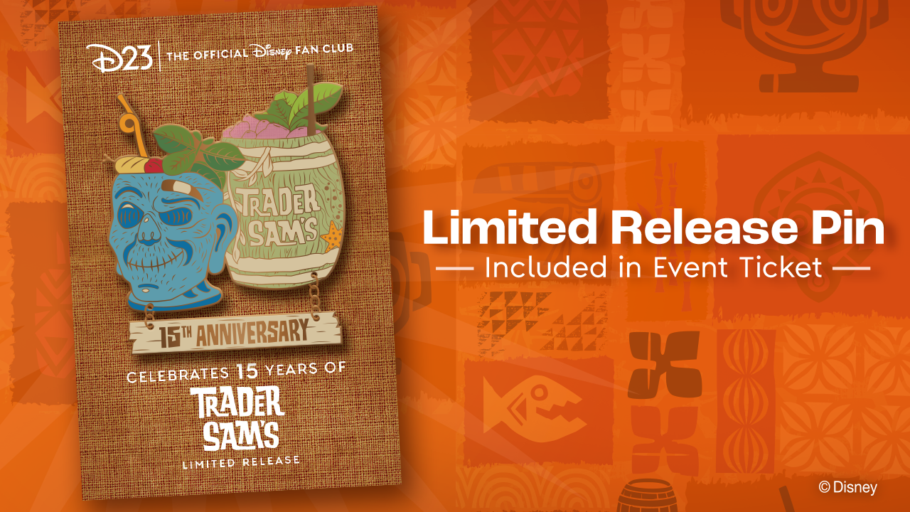 Image featuring a limited-release pin celebrating the 15th anniversary of Trader Sam's. The pin&rsquo;s design includes a blue tiki zombie mug and a Trader Sam's barrel-style mug with tropical garnishes. The pin reads "15th Anniversary" and the backer card reads "Celebrates 15 Years of Trader Sam's Limited Release." Text on the right side says "Limited Release Pin Included in Event Ticket" against an orange background with Polynesian-inspired patterns.
