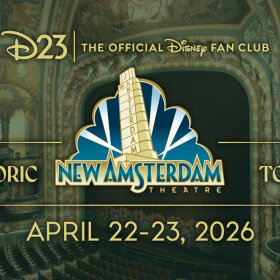 Promotional graphic for D23: The Official Disney Fan Club upcoming tours of the historic New Amsterdam Theatre. The ornate theater interior frames the New Amsterdam Theatre logo, with text reading &ldquo;Historic Tour&rdquo; and &ldquo;April 22&ndash;23, 2026.&rdquo;