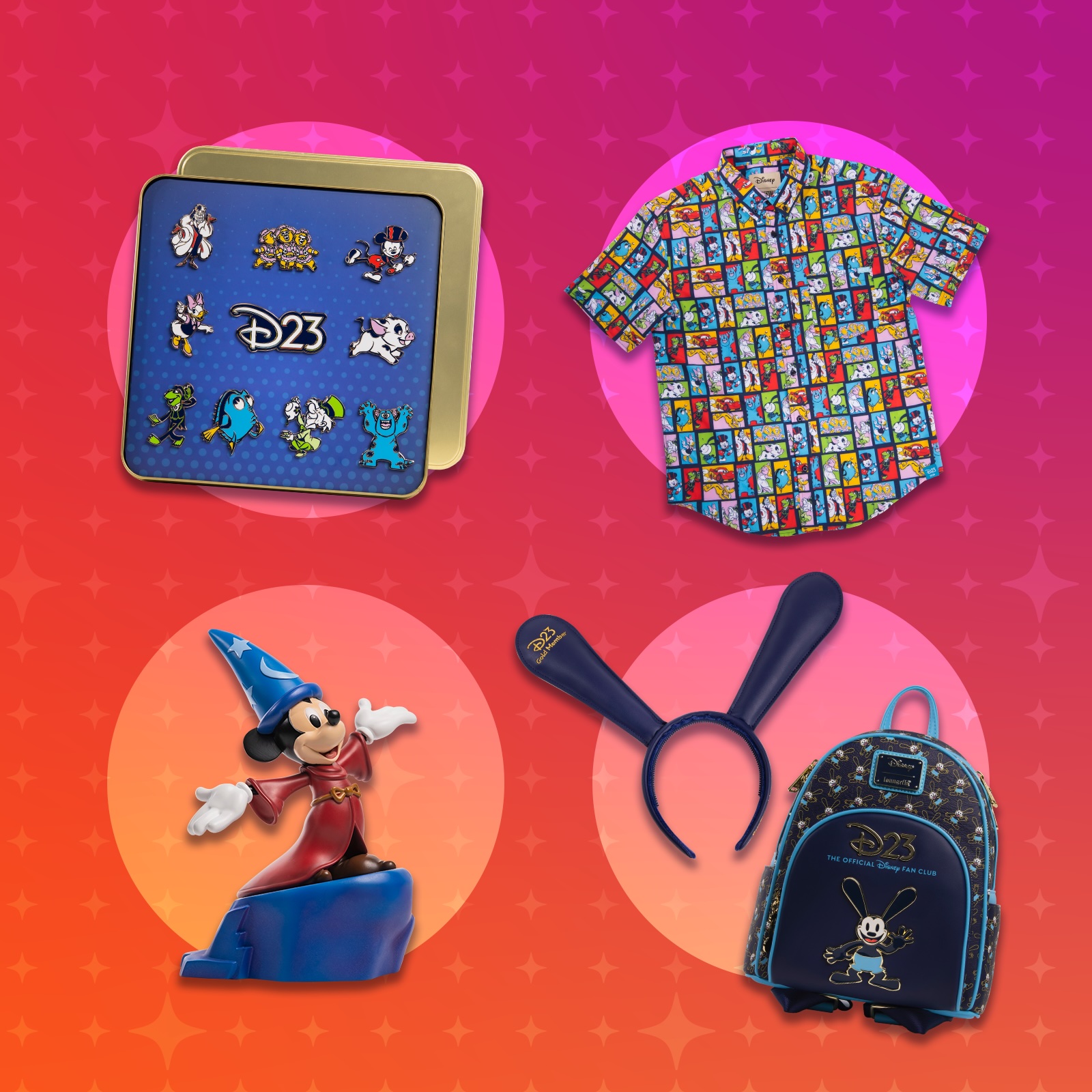 A marketing graphic of the D23-themed merchandise displayed on a pink‑to‑orange gradient background. Items include: a gold tin pin set on blue background featuring various Disney characters; a colorful button‑up shirt printed with panels of classic Disney comics; a Sorcerer Mickey figurine posed on a rock; a pair of long blue Oswald‑inspired ear headbands; and a black mini backpack decorated with Oswald the Lucky Rabbit and D23 logos.