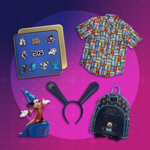 A marketing graphic of the D23-themed merchandise on a purple‑to‑pink gradient background. Items include: a blue tin pin set with multiple Disney character pins; a colorful comic‑panel button‑up shirt; a Sorcerer Mickey figurine; long blue Oswald‑style ear headbands; and a black mini backpack featuring Oswald the Lucky Rabbit and D23 branding.