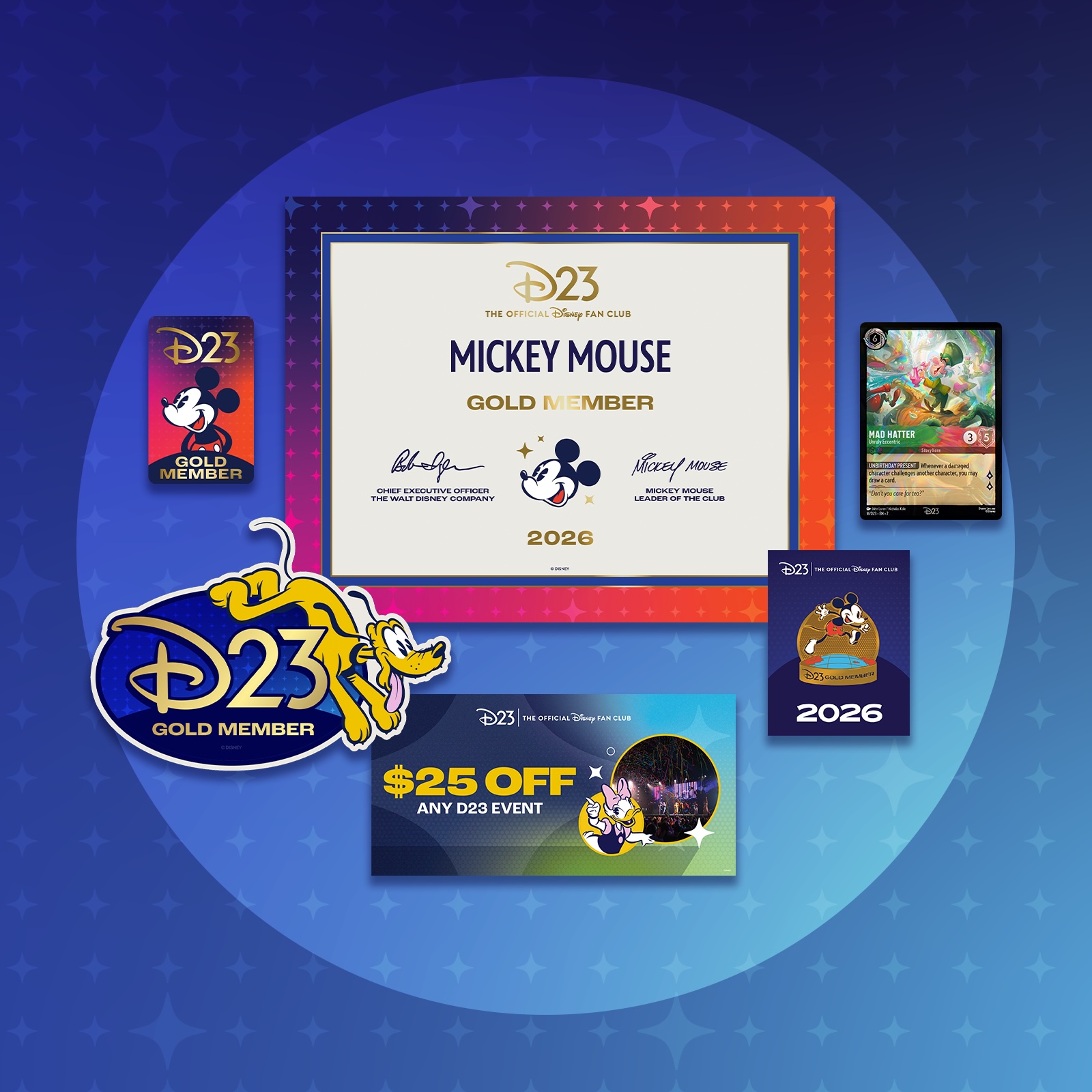 A marketing graphic of the D23 Gold Membership kit on a blue gradient background. The set features a framed D23 Gold Member certificate, membership card, collectible trading card, a D23 Gold Member Pluto‑themed embroidered patch, a 2026 collectible coin, and a voucher for $25 off any D23 event.