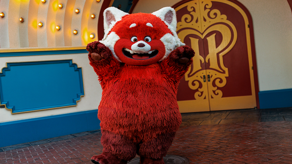 An image of Red Panda Mei at the Pixar Pier Band Shell in Disney California Adventure, where she will be appearing during the 2026 Lunar New Year celebration at Disneyland Resort.