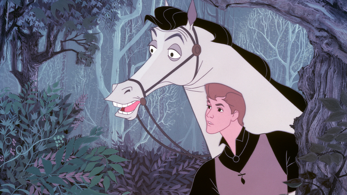 An image of Samson from the 1959 animated Disney film Sleeping Beauty. He is peering through some trees next to Prince Phillip. 