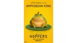 A promotional image of the Amphibian King (voiced by Steve Purcell) for Disney and Pixar&rsquo;s Hoppers. The film&rsquo;s logo, as well as the Disney and Pixar logo and the film&rsquo;s release date, are seen below the character image.