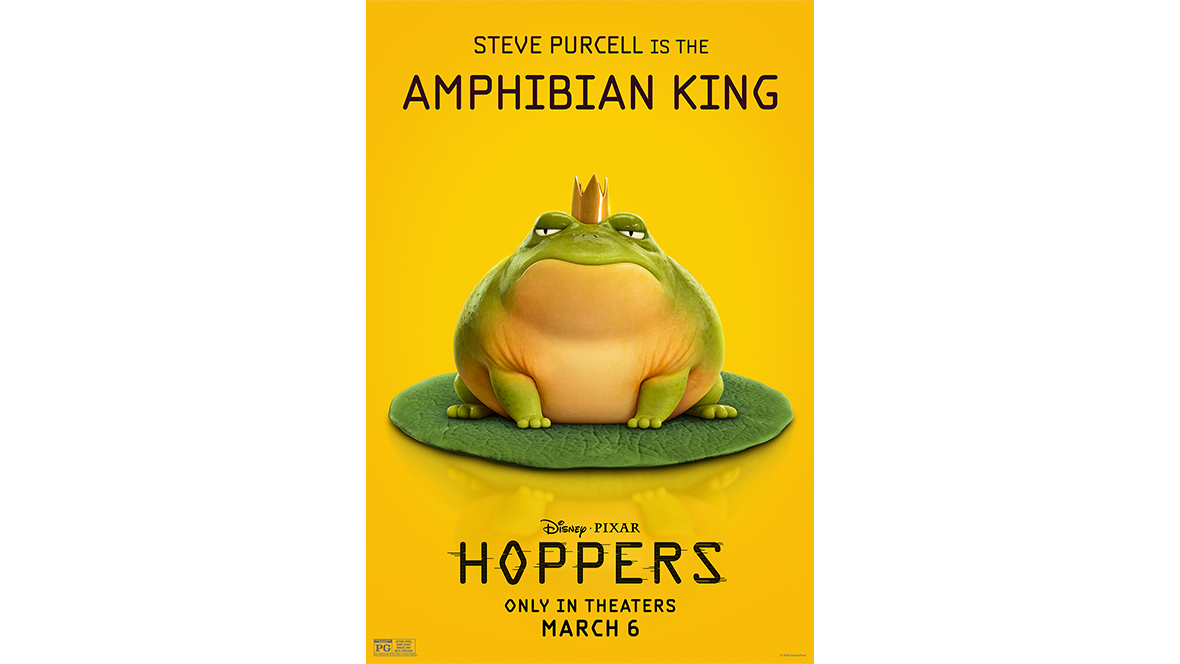 A promotional image of the Amphibian King (voiced by Steve Purcell) for Disney and Pixar’s Hoppers. The film’s logo, as well as the Disney and Pixar logo and the film’s release date, are seen below the character image.