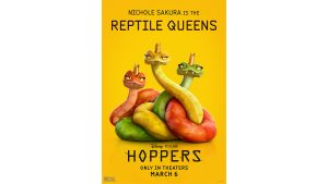A promotional image of the Reptile Queens (voiced by Nichole Sakura) for Disney and Pixar&rsquo;s Hoppers. The three reptiles are intertwined with each other; one is red, one is yellow, and one is green. The film&rsquo;s logo, as well as the Disney and Pixar logo and the film&rsquo;s release date, are seen below the character image.