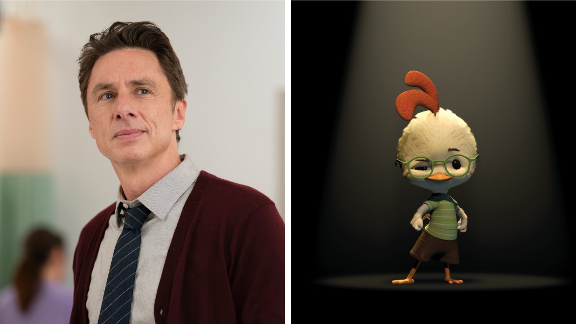 Side by side images of Zach Braff as J.D. on ABC&rsquo;s Scrubs, left, and Chicken Little from the 2005 Disney animated film of the same name, right. 