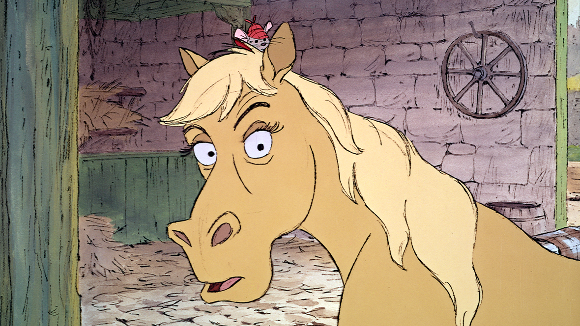 An image of Samson from the 1959 animated Disney film Sleeping Beauty. He is peering through some trees next to Prince Phillip. 