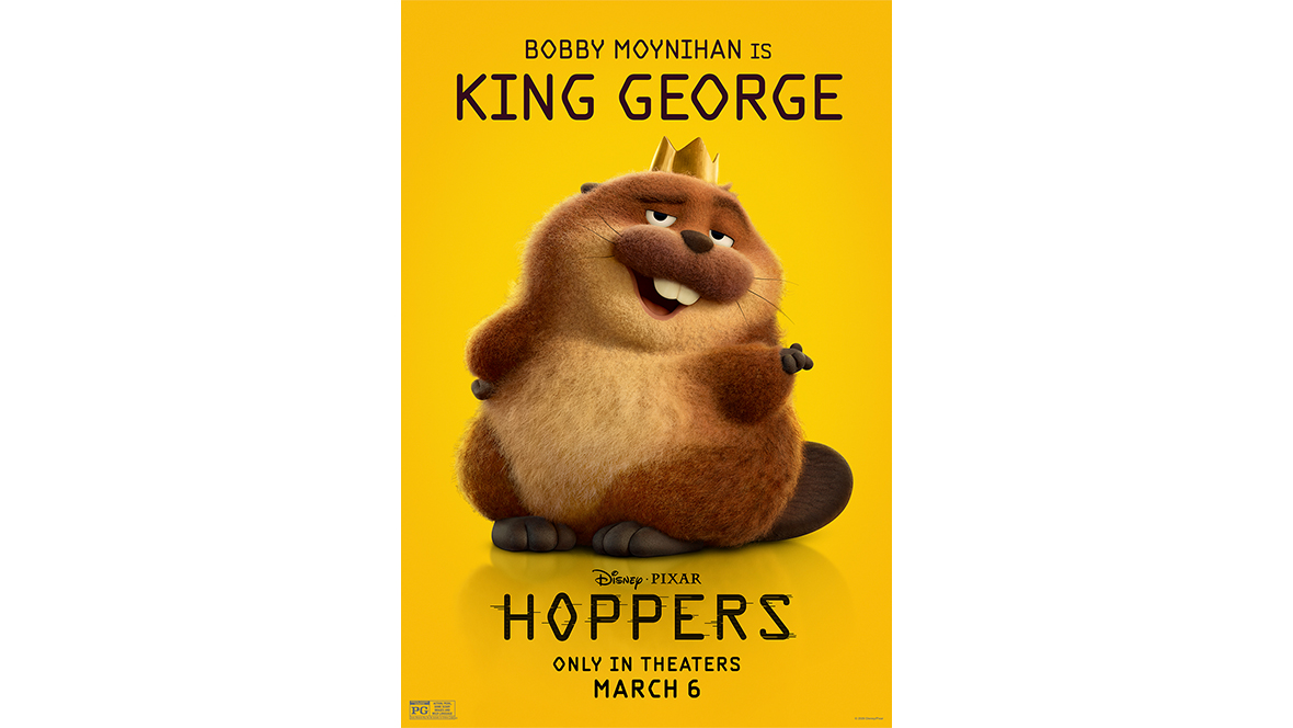 A promotional image of charismatic beaver King George (voiced by Bobby Moynihan) for Disney and Pixar’s Hoppers. He wears a small crown on his head. The film’s logo, as well as the Disney and Pixar logo and the film’s release date, are seen below the character image.