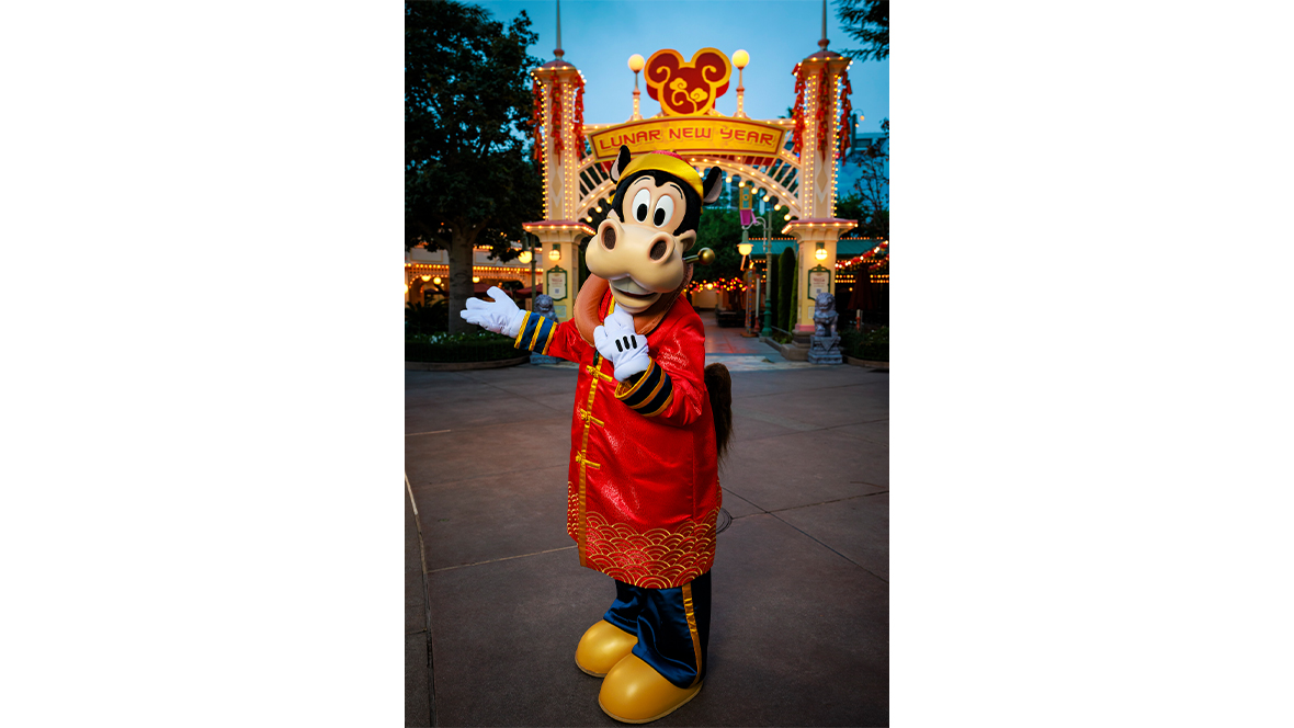 A side-by-side image of Mickey Mouse and Minnie Mouse in their outfits inspired by Korean hanbok, and Horace Horsecollar in Chinese-inspired attire, for Lunar New Year celebration at Disney California Adventure Park.