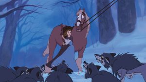 An image of Philippe from the 1991 animated Disney film Beauty and the Beast. He is standing in a snowy wooded clearing with Belle, and they are surrounded by wolves.