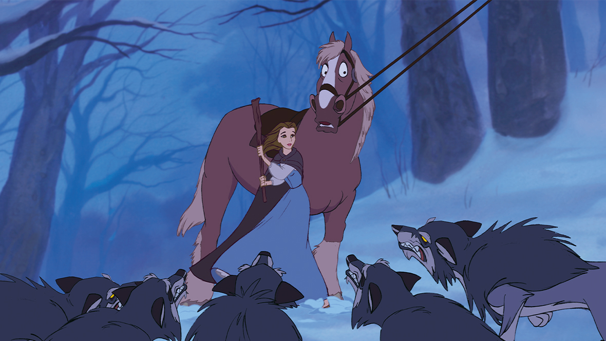 An image of Philippe from the 1991 animated Disney film Beauty and the Beast. He is standing in a snowy wooded clearing with Belle, and they are surrounded by wolves.